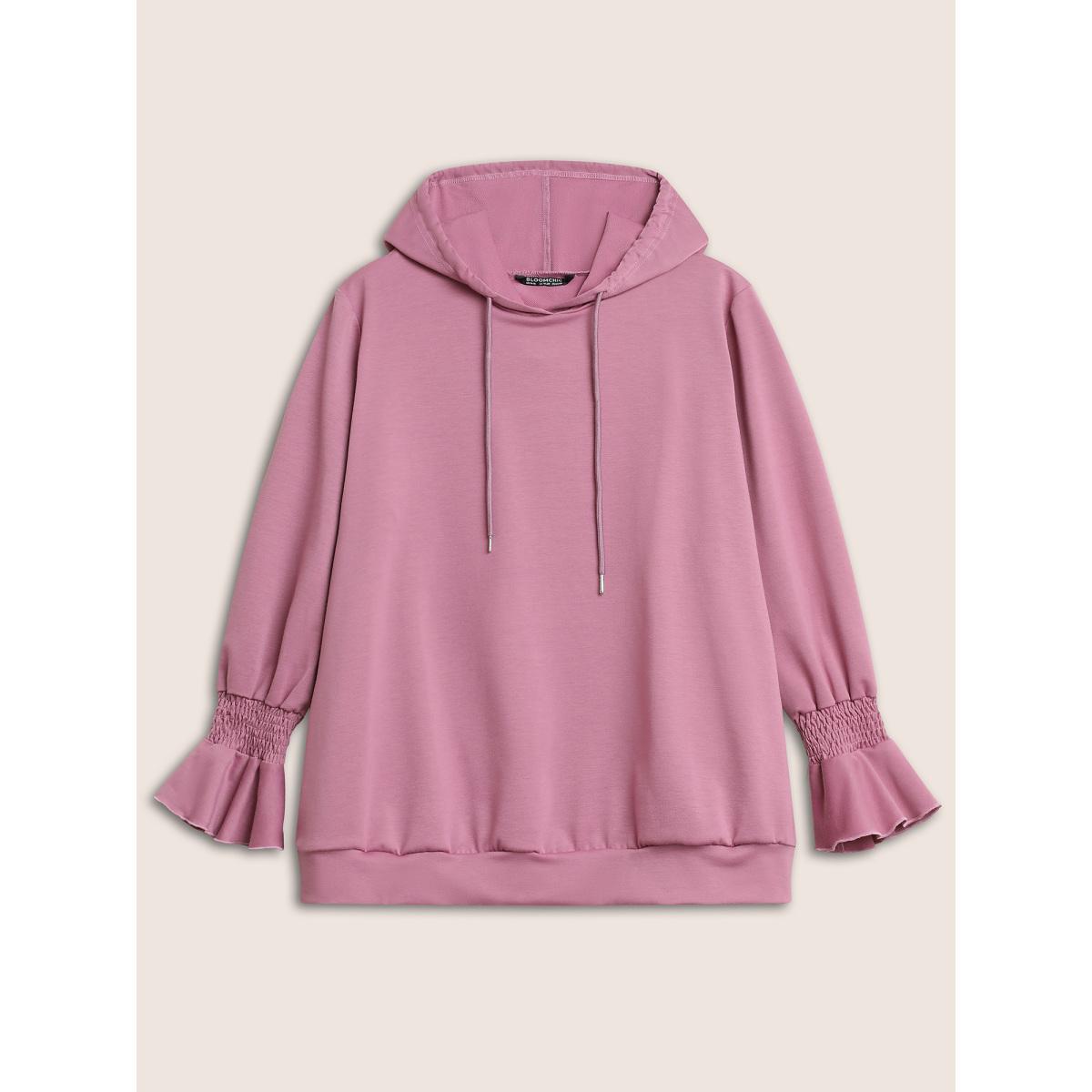 Plus Size Solid Shirred Flounces Hooded Sweatshirt Women DustyPink Casual Plain Hooded Everyday Sweatshirts BloomChic 30/6X Product Image