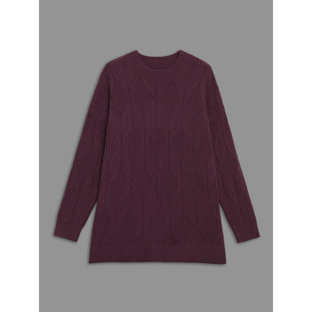 Plus Size Cable Knit Turtleneck Split Hem Pullover Plum Women Casual Loose Long Sleeve Turtleneck Everyday Pullovers BloomChic 12/L Product Image