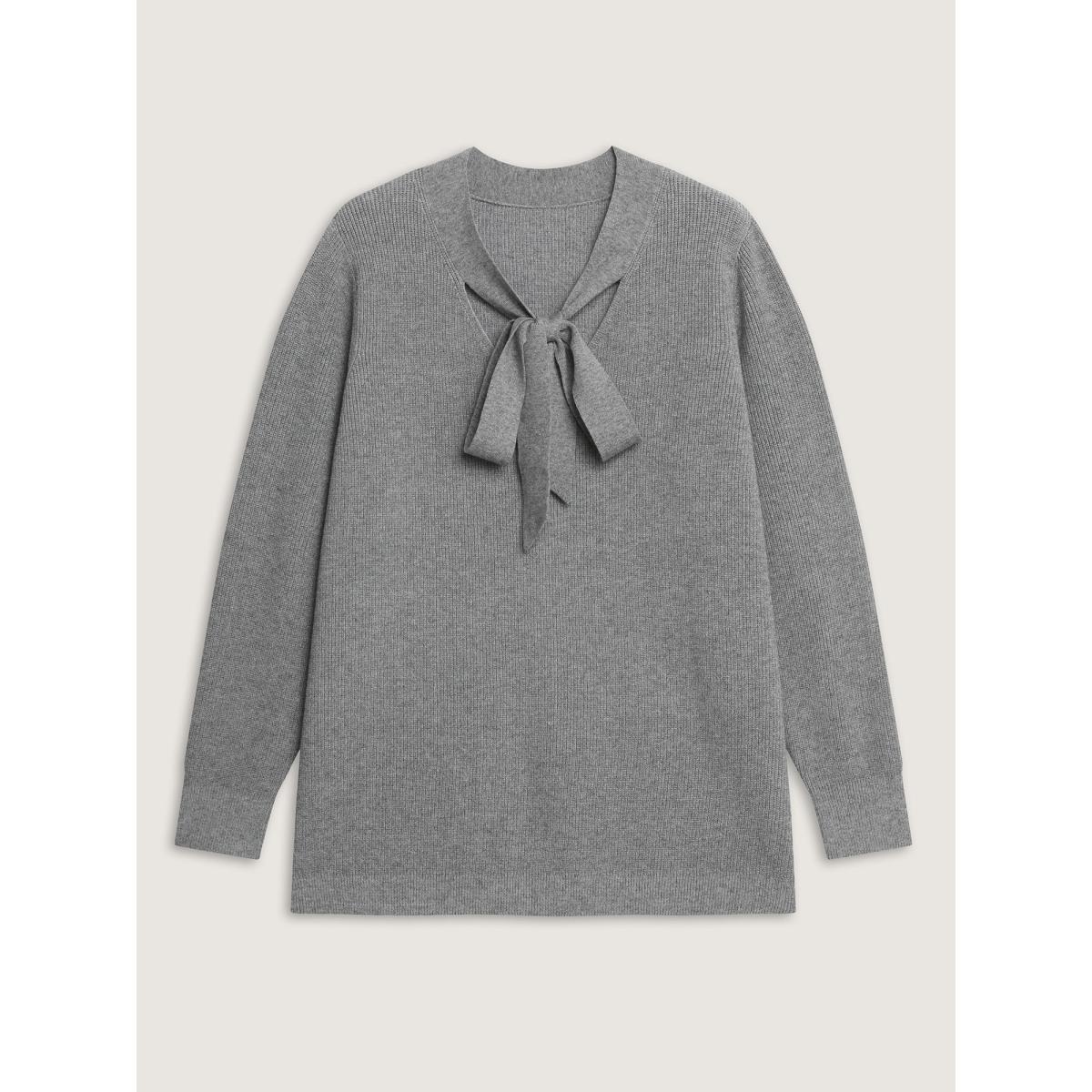 Plus Size Supersoft Bowknot Neckline Ribbed Cut-Out Pullover DarkGray Women Office Long Sleeve Ribbon-tied collar Office Pullovers BloomChic 18-20/2X Product Image