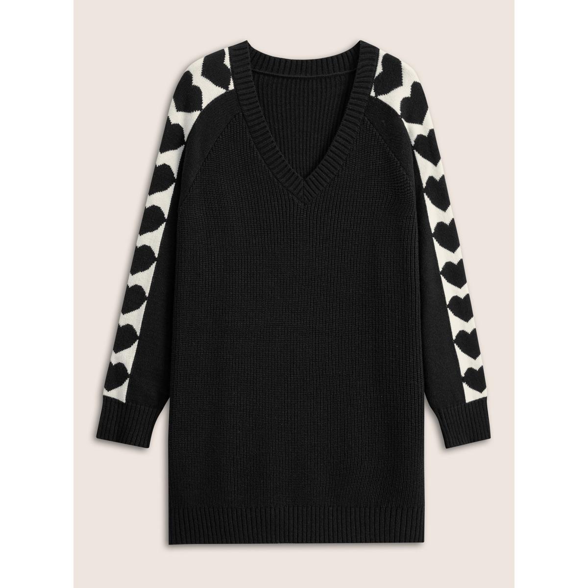Plus Size Supersoft Essentials Heart Patchwork V Neck Raglan Sleeve Pullover Black Women Casual Loose Long Sleeve V-neck Dailywear Pullovers BloomChic 14-16/1X Product Image