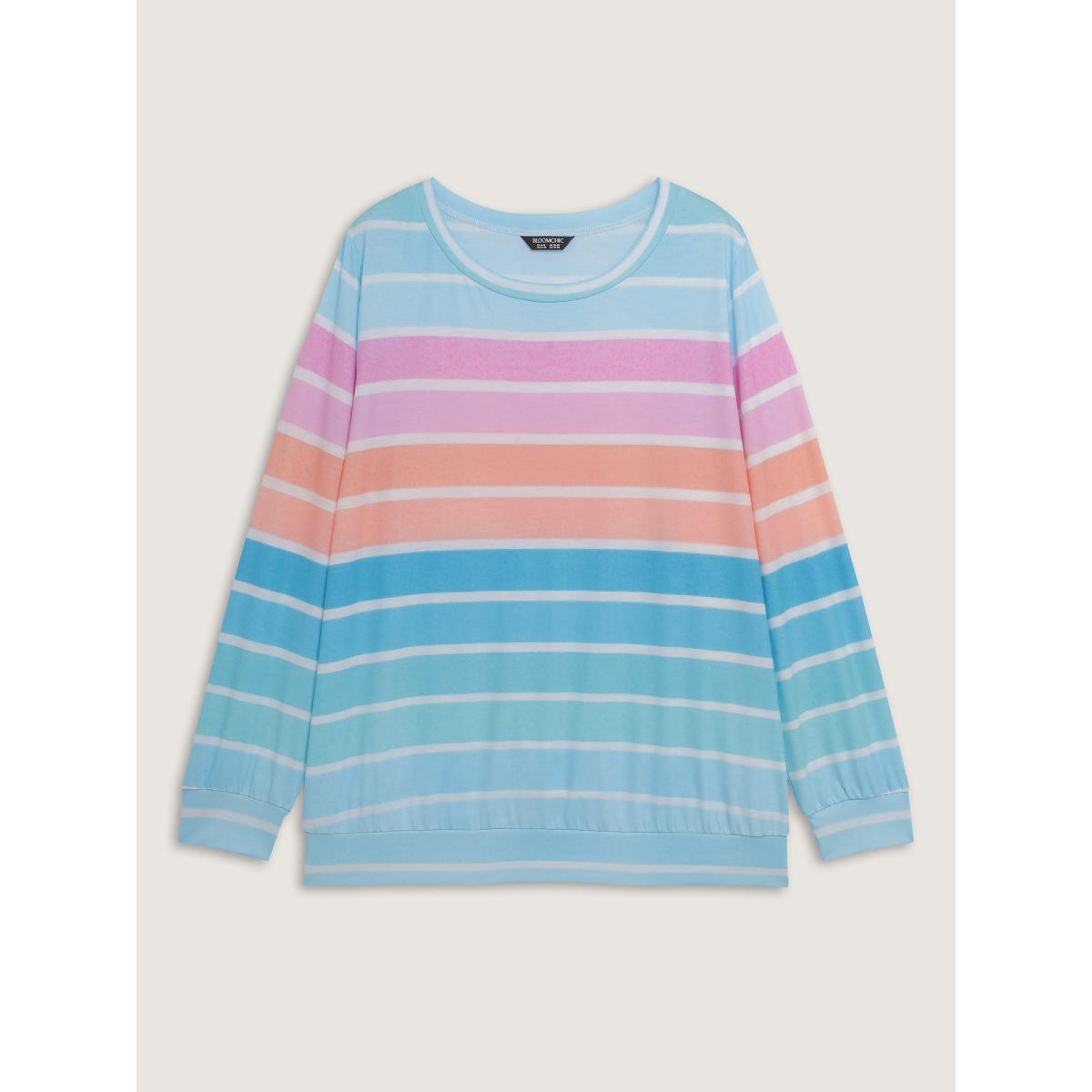 Plus Size Colorful Stripe Relaxed-Fit Stretchy Hem T-Shirt Multicolor Women Playful Non Striped Round Neck Casual T-shirts BloomChic 30/6X Product Image