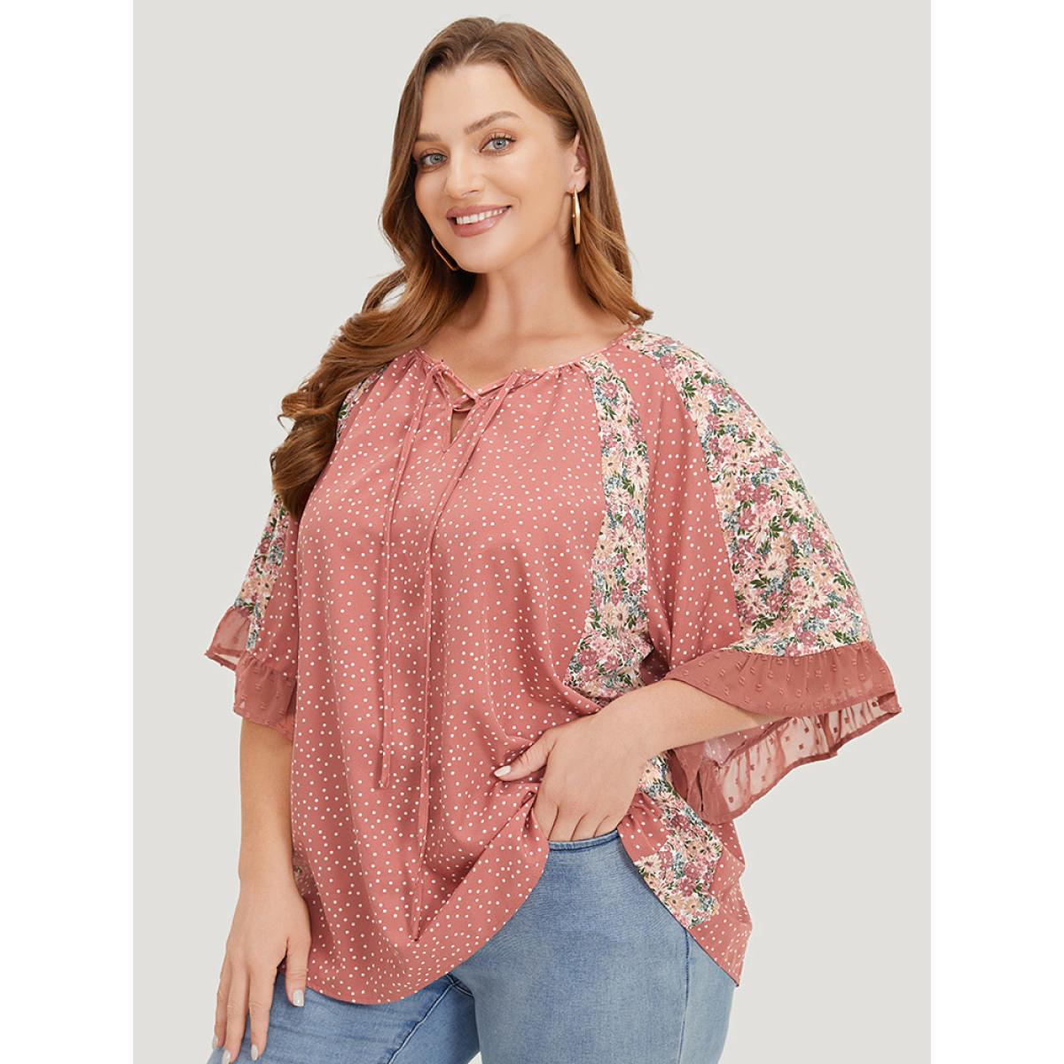 Plus Size Rouge Polka Dot & Ditsy Floral Flounce Sleeve Lace Up Blouse Women Elegant Half Sleeve Tie Neck Dailywear Blouses BloomChic 10/M Product Image