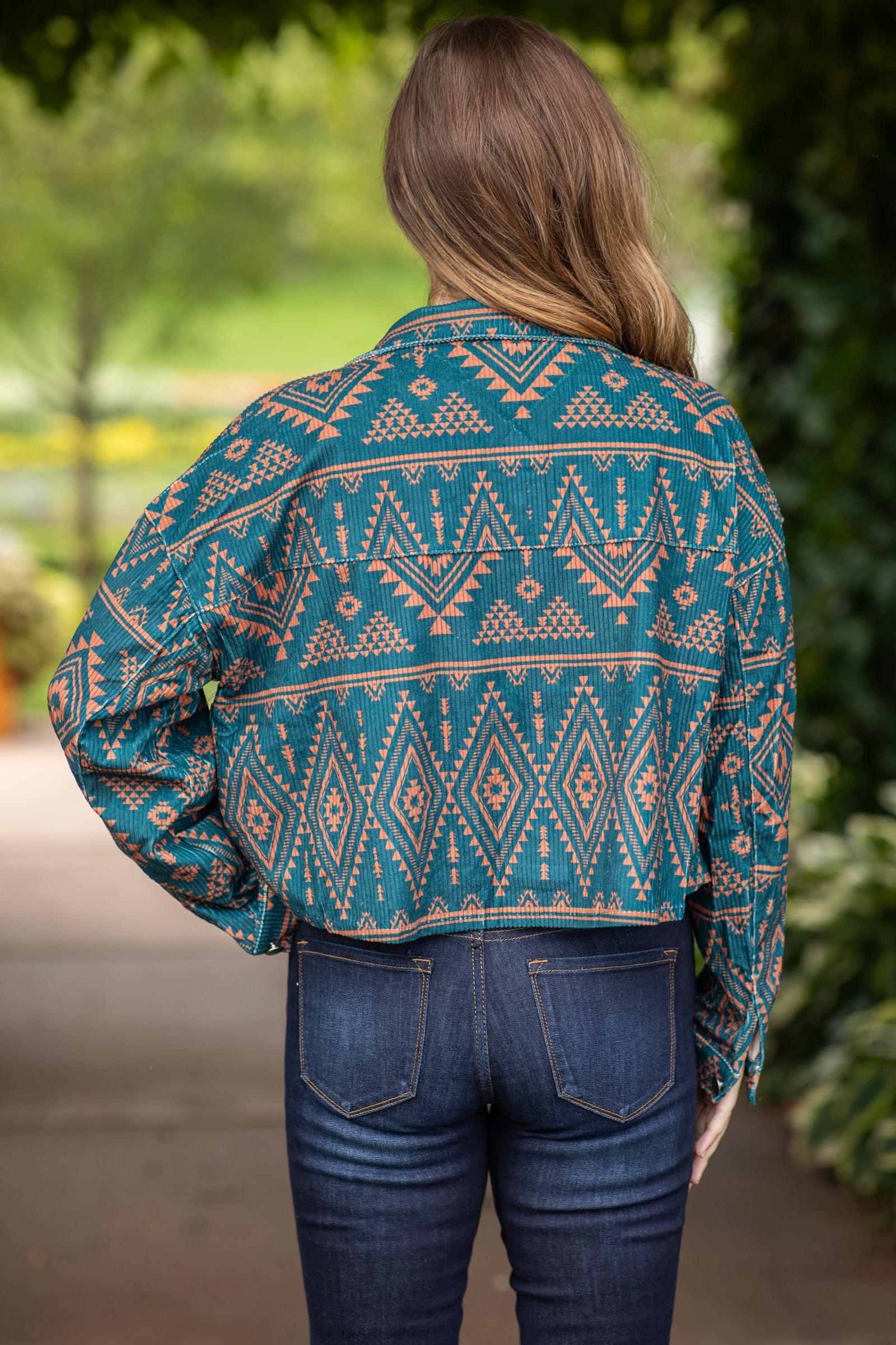 Teal and Cognac Aztec Print Jacket With Fringe Product Image