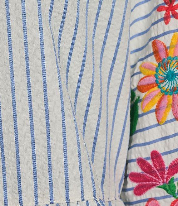 John Mark Petite Size Embroidered Floral Stripe Split V-Neck 3/4 Sleeve Top Product Image