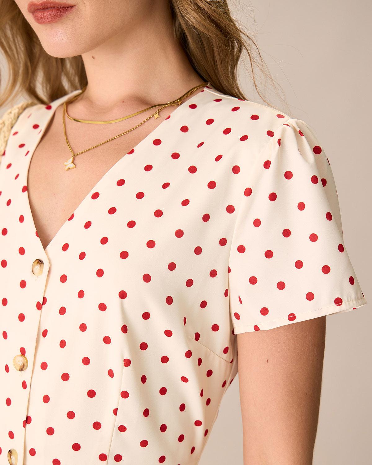 The Beige Polka Dot Button Mini Dress Product Image