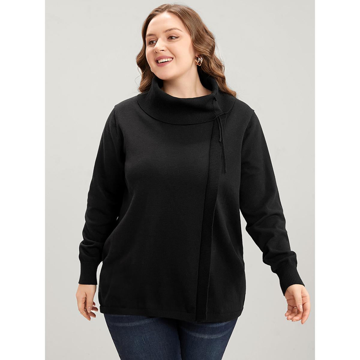 Plus Size Solid Super Soft Knit Tie Funnel Neck Knit Top Black Women Elegant Long Sleeve Turtleneck Dailywear Pullovers BloomChic 22-24/3X Product Image