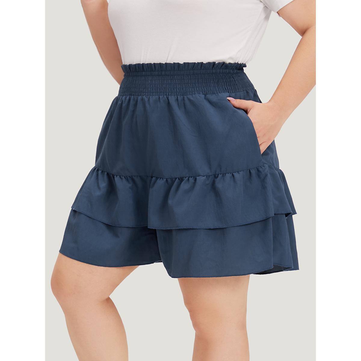 Plus Size Solid Paperbag Waist Shirred Layered Hem Shorts Women Indigo Casual Plain Dailywear Shorts BloomChic 30/6X Product Image