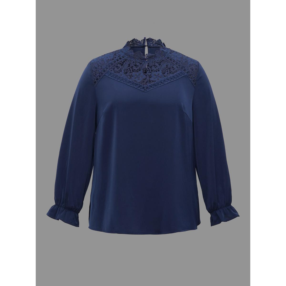 Plus Size Indigo Lace Cut-Out Sheer Stand Collar Blouse Women Elegant Long Sleeve Stand-up collar Everyday Blouses BloomChic 22-24/3X Product Image