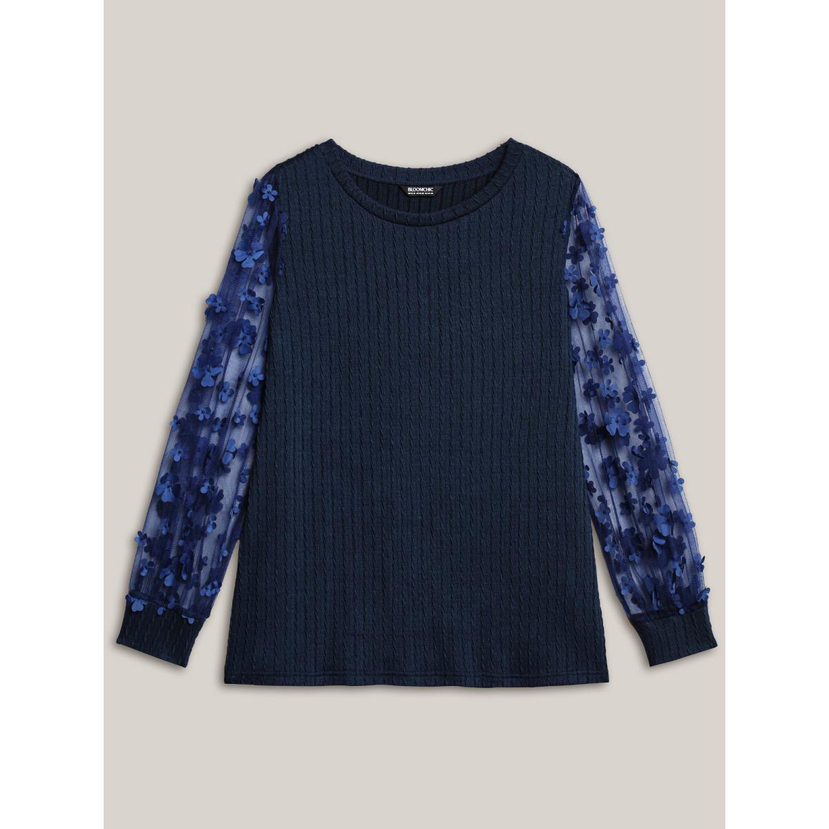Plus Size Sheer Sleeve Textured Patchwork Round Neck T-Shirt Indigo Women Elegant Texture Round Neck Everyday T-shirts BloomChic 28/5X Product Image