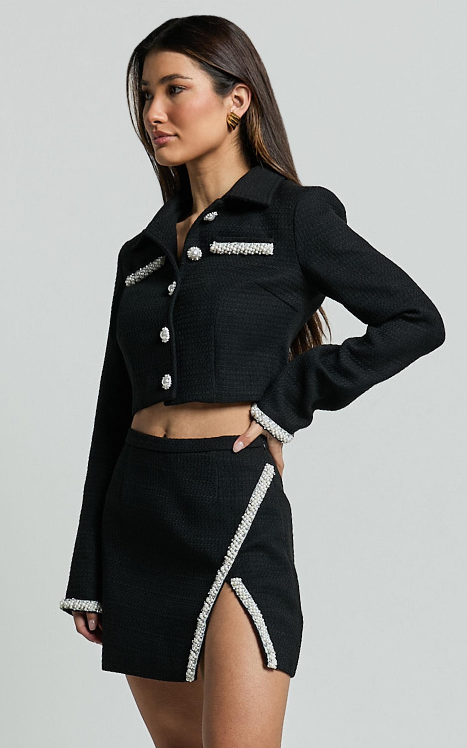 Donatella Mini Skirt - Boucle Pearl Trim Side Split Mini Skirt in Black Product Image