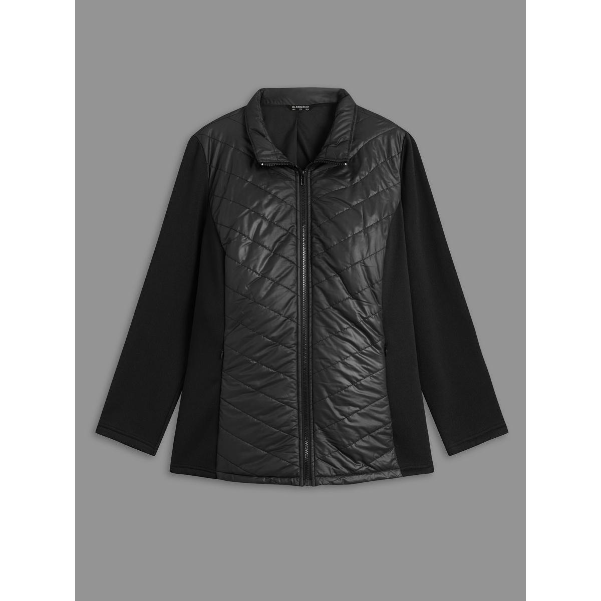 Plus Size Funnel Neck Contrasting Design Zipper Coat Women Black Casual Topstitching Ladies Everyday Winter Coats BloomChic 10/M Product Image