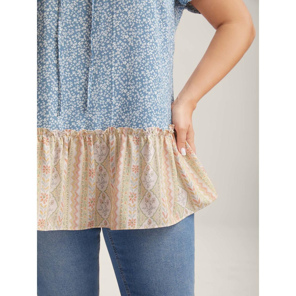 Plus Size LightBlue Ruffled Neck Tie Floral Print Blouse Women Short sleeve Notched collar Everyday-Elegant Blouses BloomChic 18-20/2X Product Image