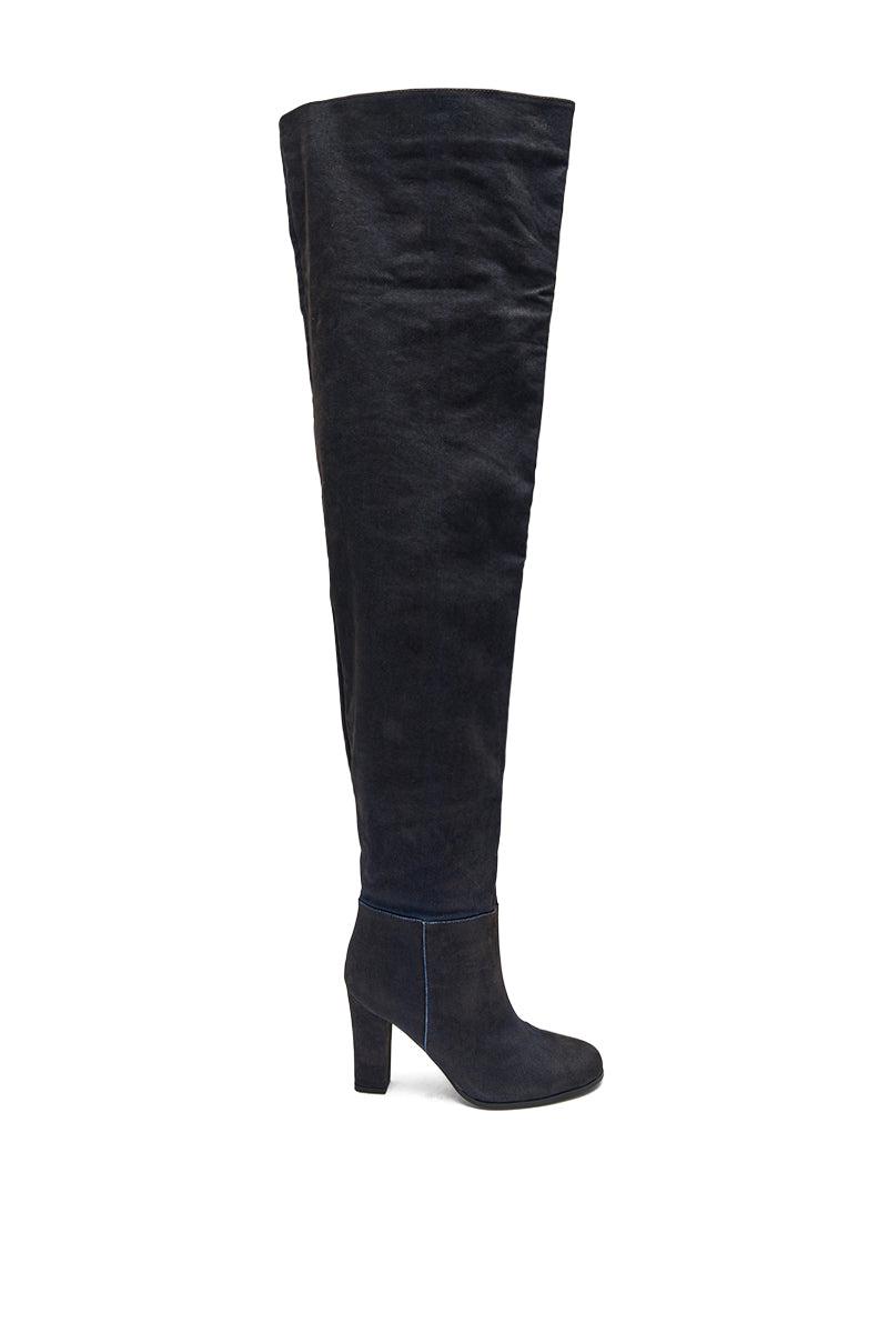 AZALEA WANG NANETTE BLACK DENIM SLOUCHY BLACK ROUND TOE CHUNKY BOOT Product Image