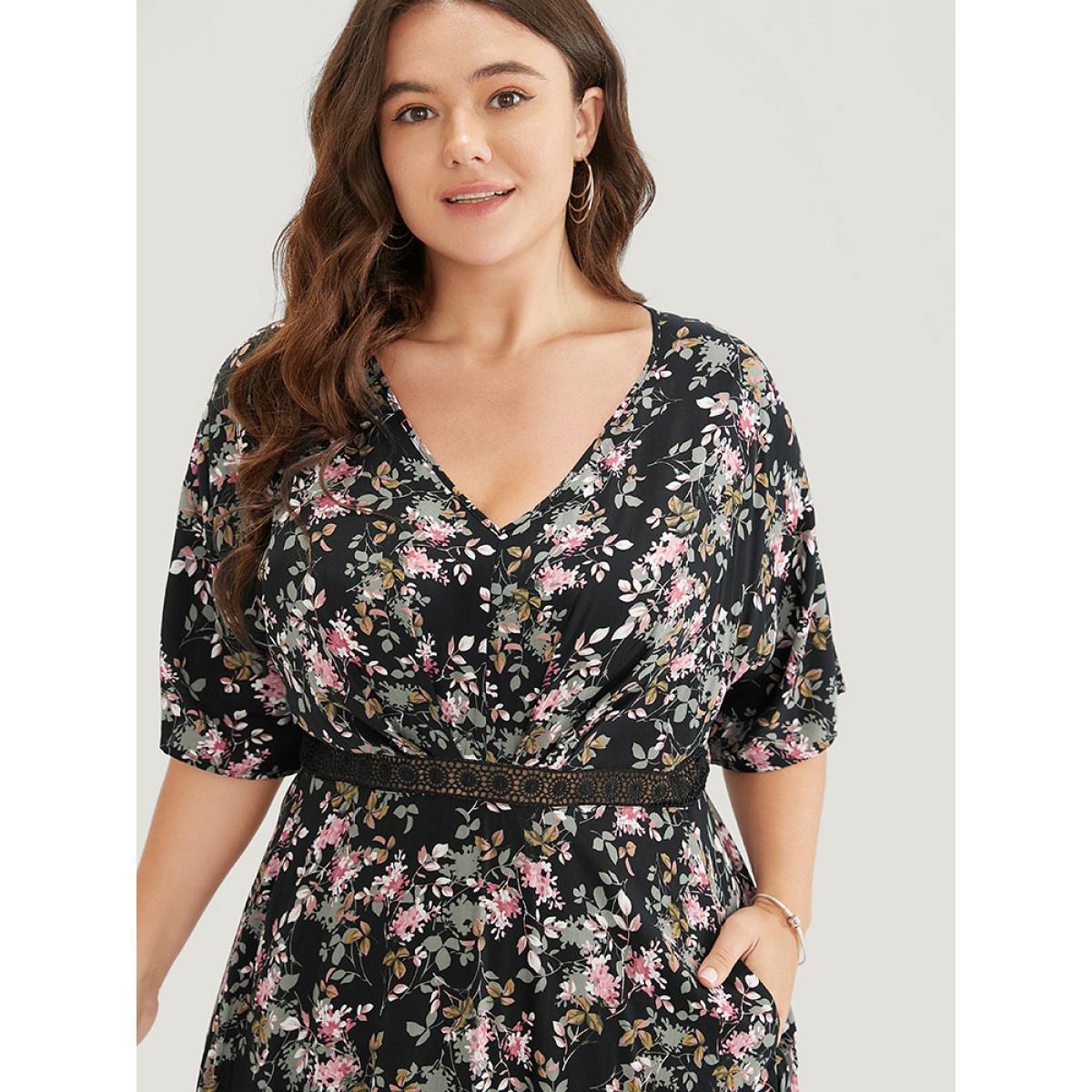 Plus Size Floral Lace Insert Dolman Sleeve Pocket Ruffle High Low Dress Black Women Elegant Lace V-neck Short sleeve Curvy Midi Dress BloomChic 30/6X Product Image