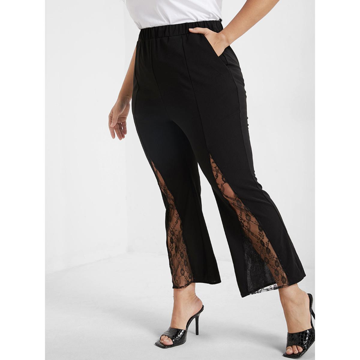 Plus Size Solid Pocket Contrast Lace Panel Pants Women Black Glamour High Rise Going out Pants BloomChic 14/1X Product Image
