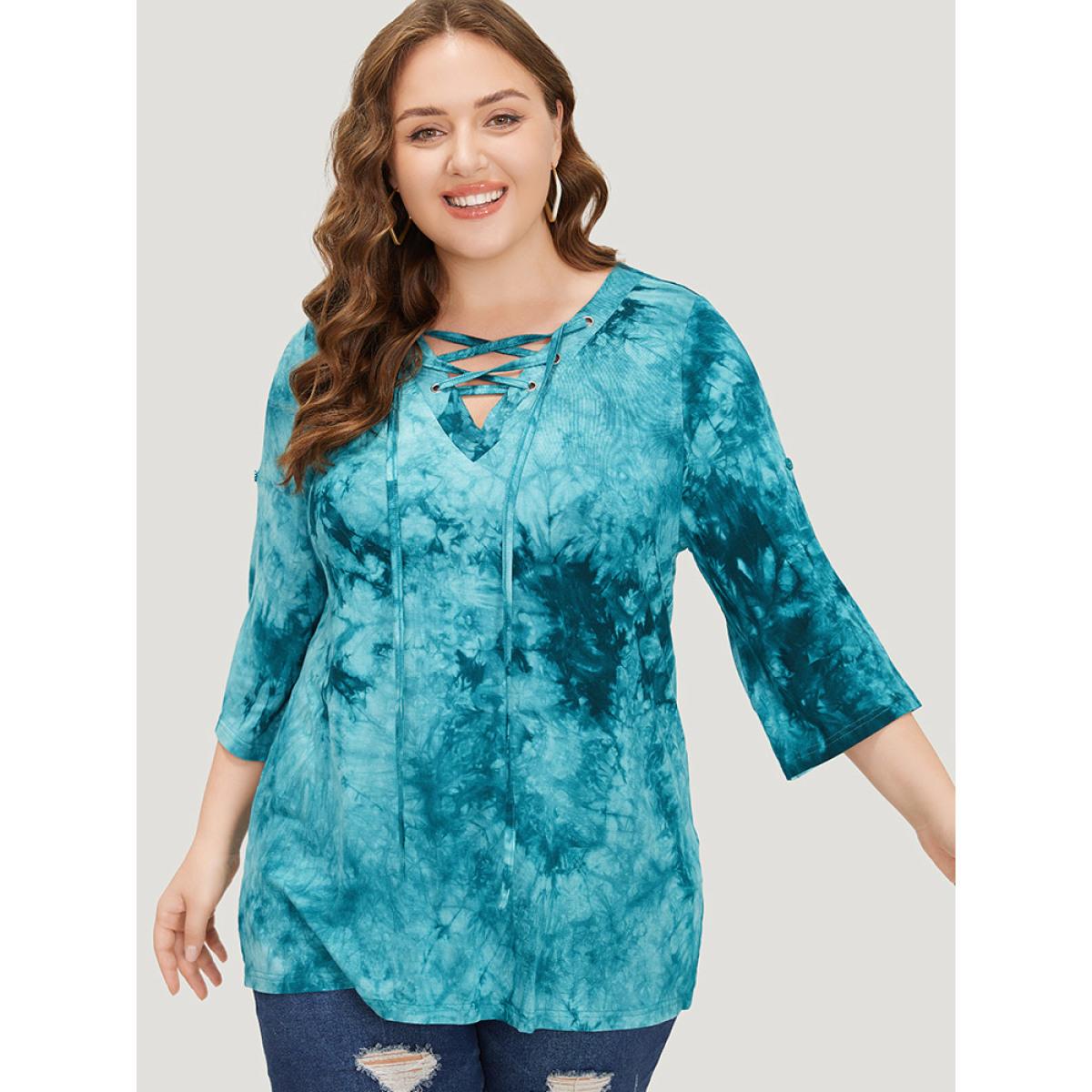 Plus Size Tie Dye Roll Sleeve Lace Up T-shirt Cerulean Women Casual Tie Dye V-neck Dailywear T-shirts BloomChic 18-20/2X Product Image