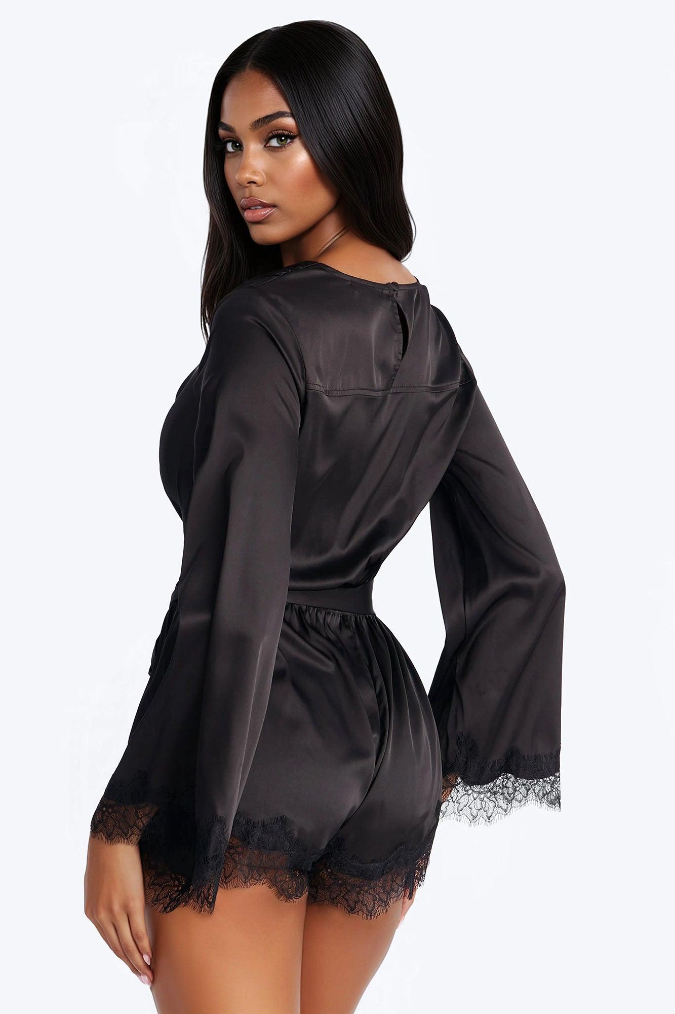 Riana Satin Lace Trim Romper - Black Female Product Image