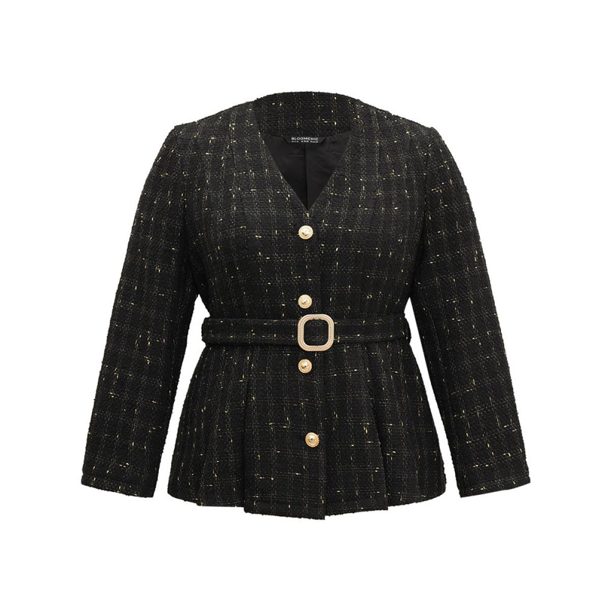 Plus Size Tweed Metal Detail Belted V Neck Blazer Black Women Dailywear Plain Sleeve Long Sleeve V-neck 28/5X Pocket Belt Elegant Blazers BloomChic Product Image
