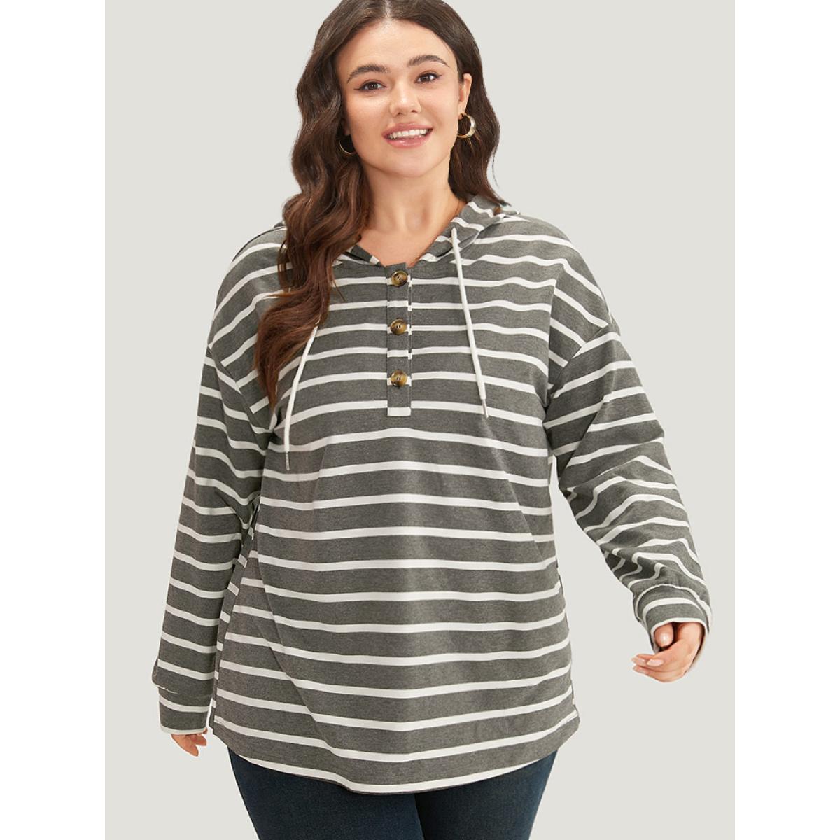 Plus Size Striped Button Up Hooded Sweatshirt Women Gray Casual Button Hooded Dailywear Sweatshirts BloomChic 10/M Product Image