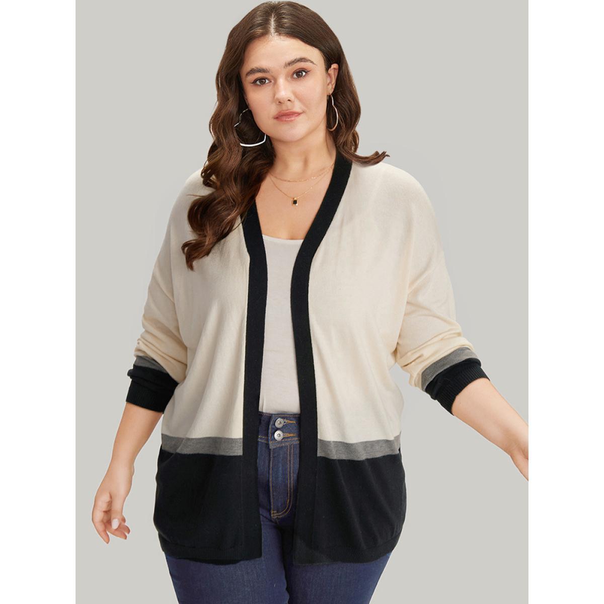 Plus Size Supersoft Essentials Colorblock Contrast Elastic Cuffs Cardigan Apricot Women Casual Loose Long Sleeve Office Cardigans BloomChic 12/L Product Image