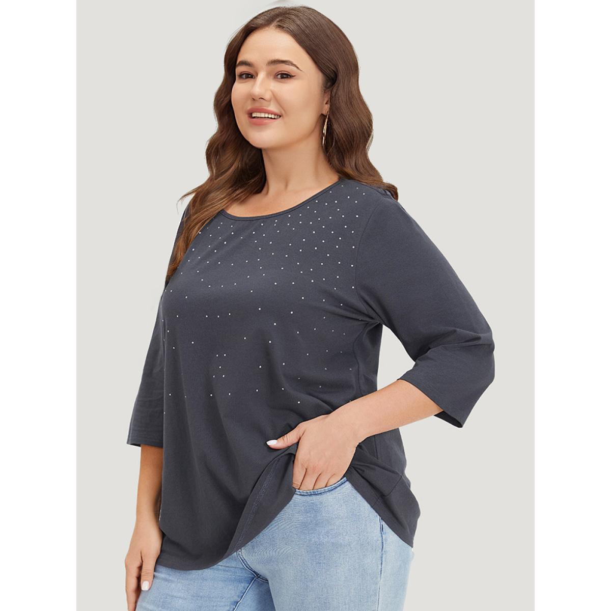 Plus Size Solid Rhinestone Detail Crew Neck T-shirt Indigo Women Elegant Plain Round Neck Dailywear T-shirts BloomChic 22-24/3X Product Image
