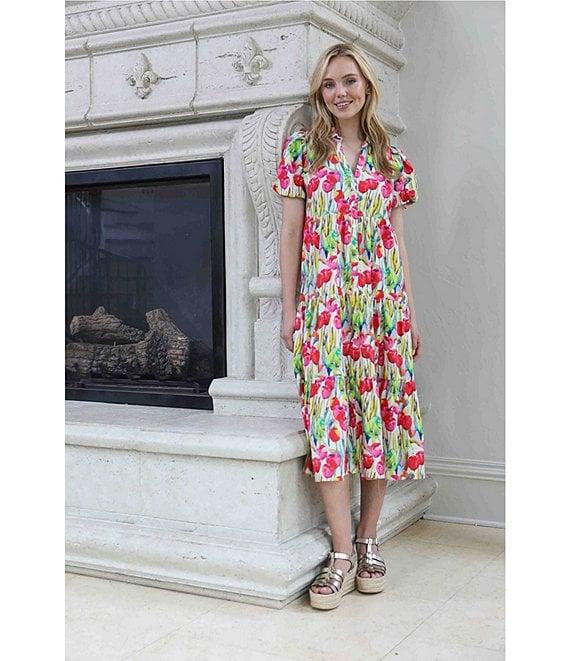 APNY Floral Print V-Neck Short Puff Sleeve Midi Shirt Dress Product Image