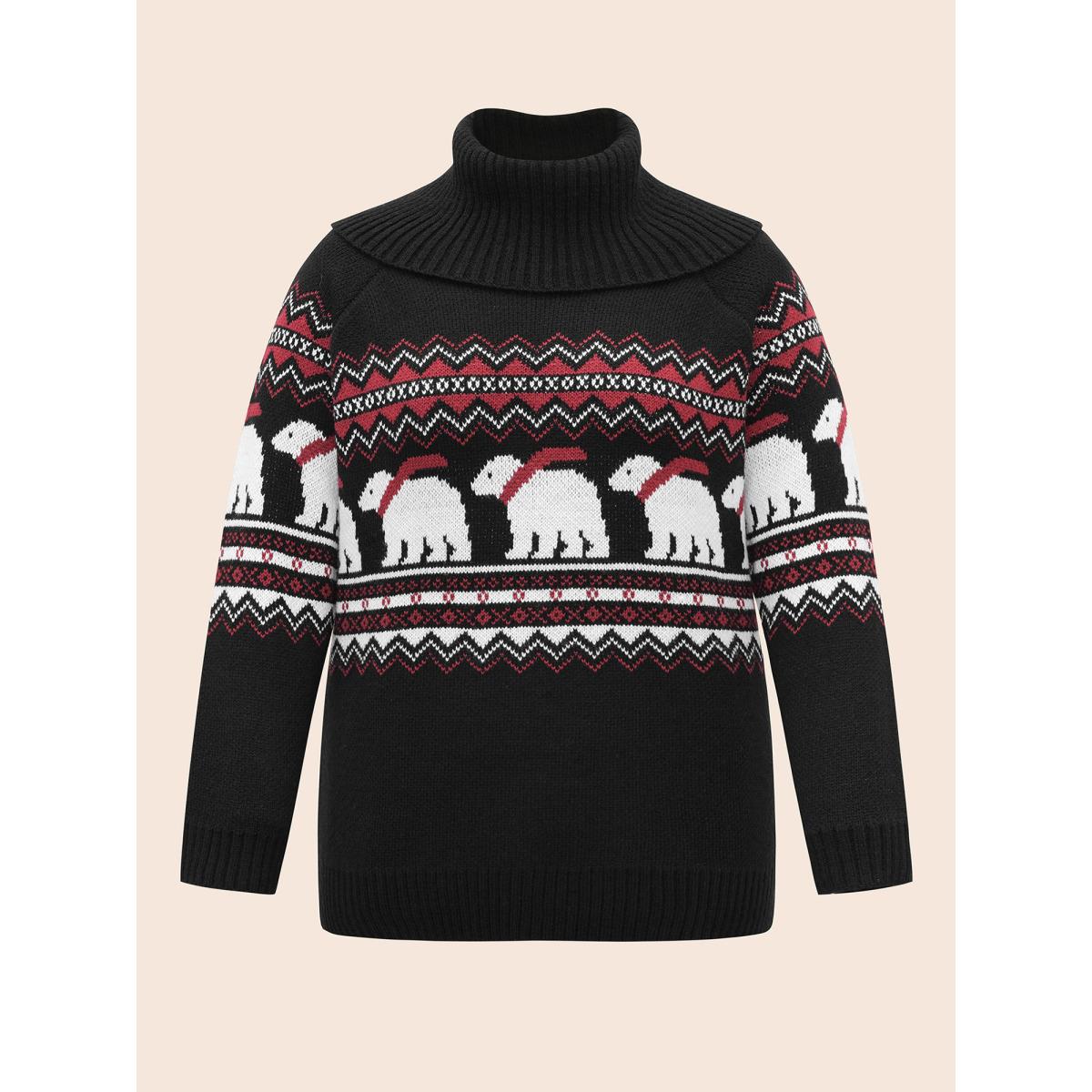 Plus Size Polar Bear Motifs Turtle Neck Pullover Black Women Casual Loose Long Sleeve Turtleneck Everyday Pullovers BloomChic 10/M Product Image