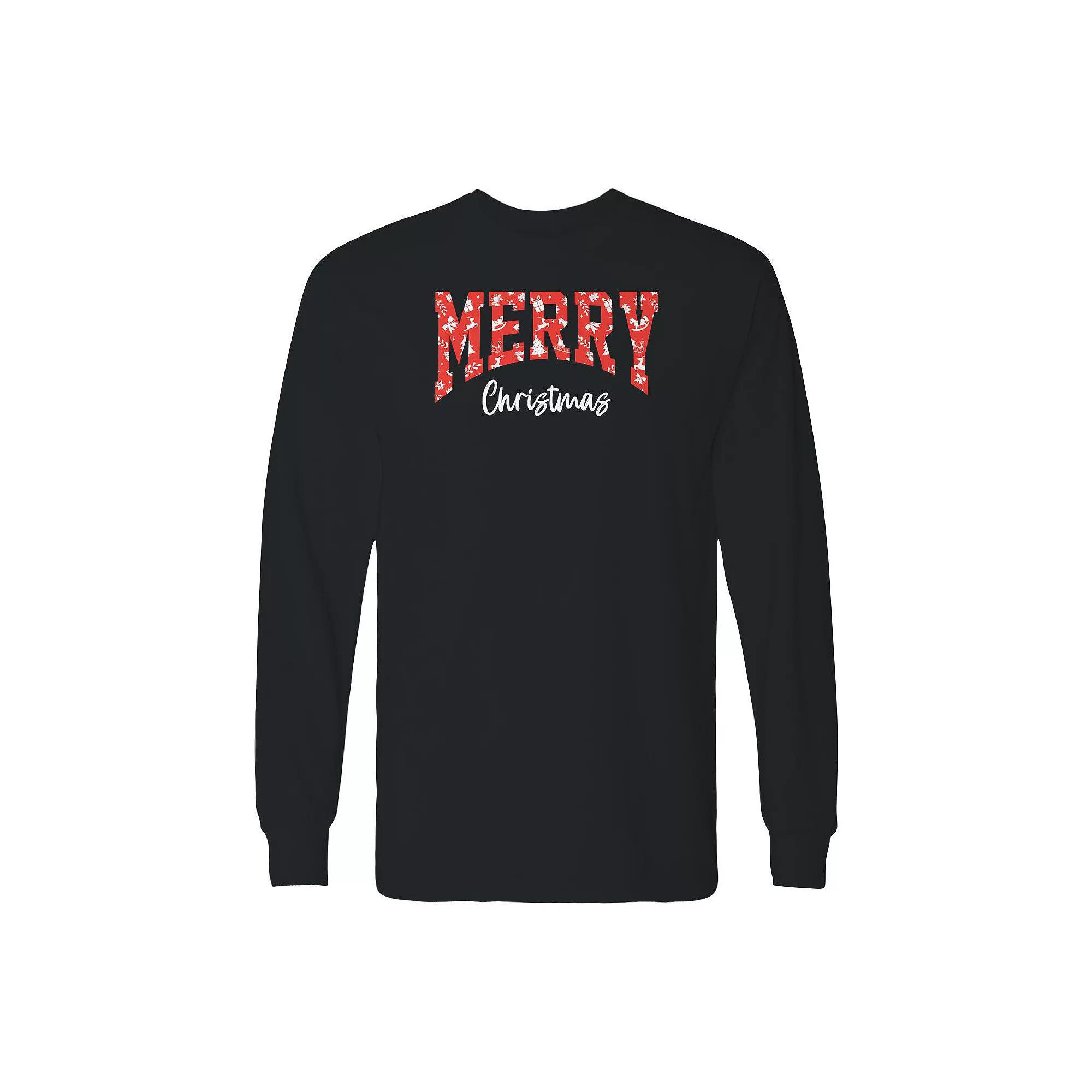 Men's Merry Christmas Texture Long Sleeve Graphic Tee, Size: Medium, Black Product Image