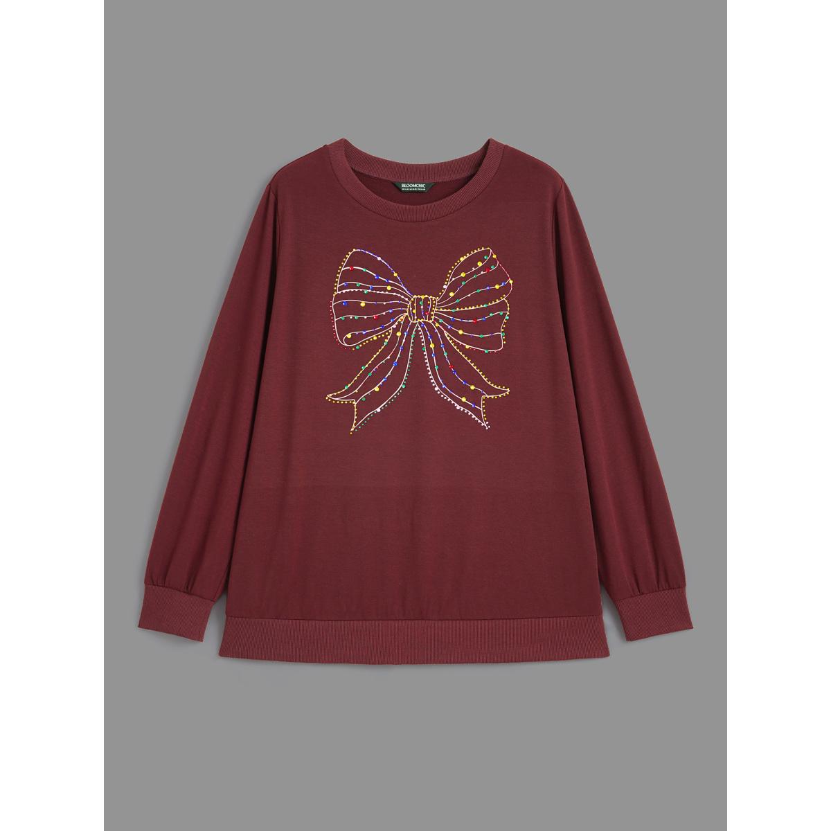 Plus Size Rhinestone Embellished Bow Straight-Fit Sweatshirt Women Deepred Casual Rhinestone detailing Round Neck Everyday Sweatshirts BloomChic 12/L Product Image