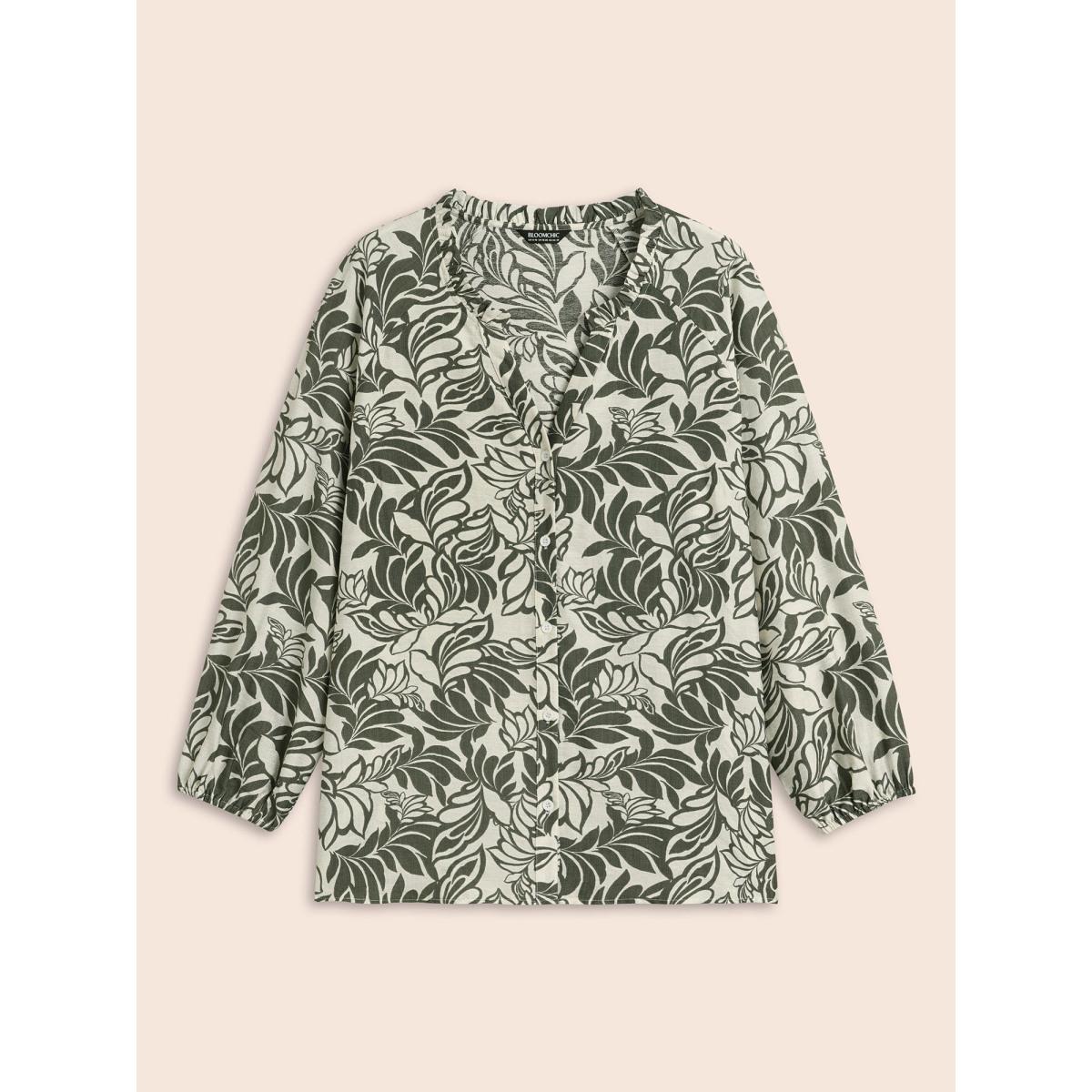 Plus Size ArmyGreen Silhouette Floral Print Ruffle Trim Blouse Women Elegant Long Sleeve Notched collar Everyday Blouses BloomChic 22-24/3X Product Image