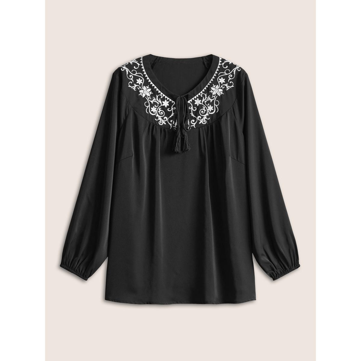 Plus Size Black Boho Print Tie Neck Tassels Lantern Sleeve Blouse Women Casual Long Sleeve Tie Neck Vacation Blouses BloomChic 28/5X Product Image