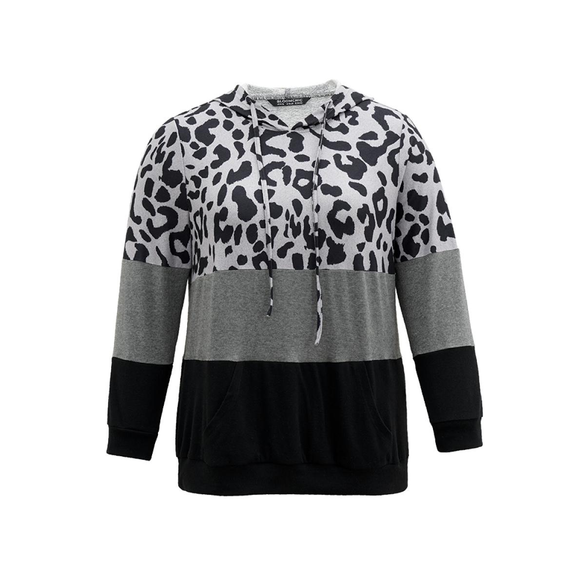 Plus Size Leopard Colorblock Contrast Hooded Drawstring Sweatshirt Women Black Casual Contrast Hooded Dailywear Sweatshirts BloomChic 10/M Product Image