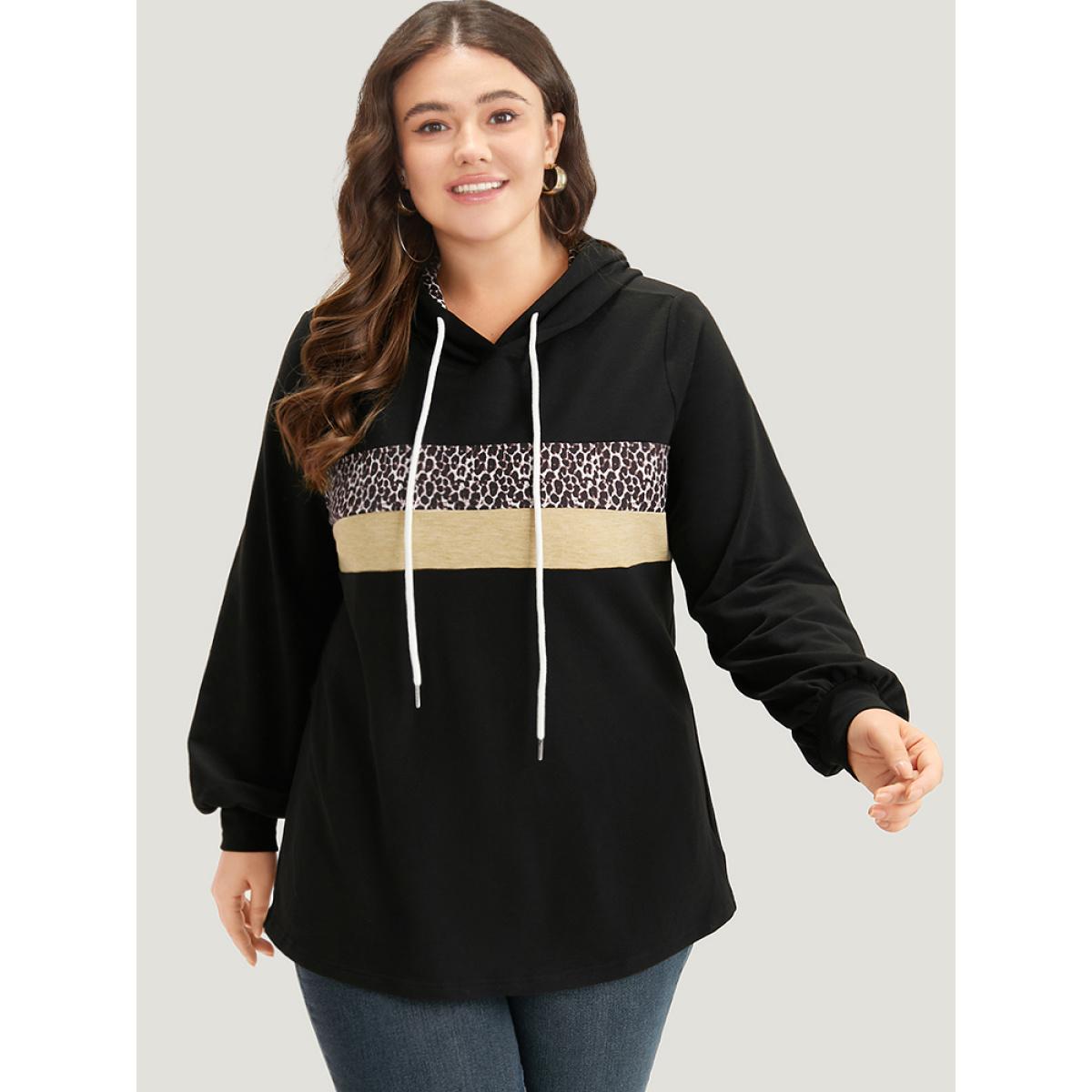 Plus Size Leopard Patchwork Contrast Hooded Drawstring Sweatshirt Women Black Casual Elastic cuffs Hooded Dailywear Sweatshirts BloomChic 26/4X Product Image