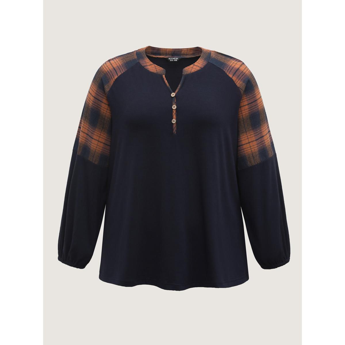 Plus Size Stretchy Plaid Sleeve Split Neck T-Shirt Midnight Women Leisure Contrast Plaid Flat collar with V-notch Casual T-shirts BloomChic 28/5X Product Image