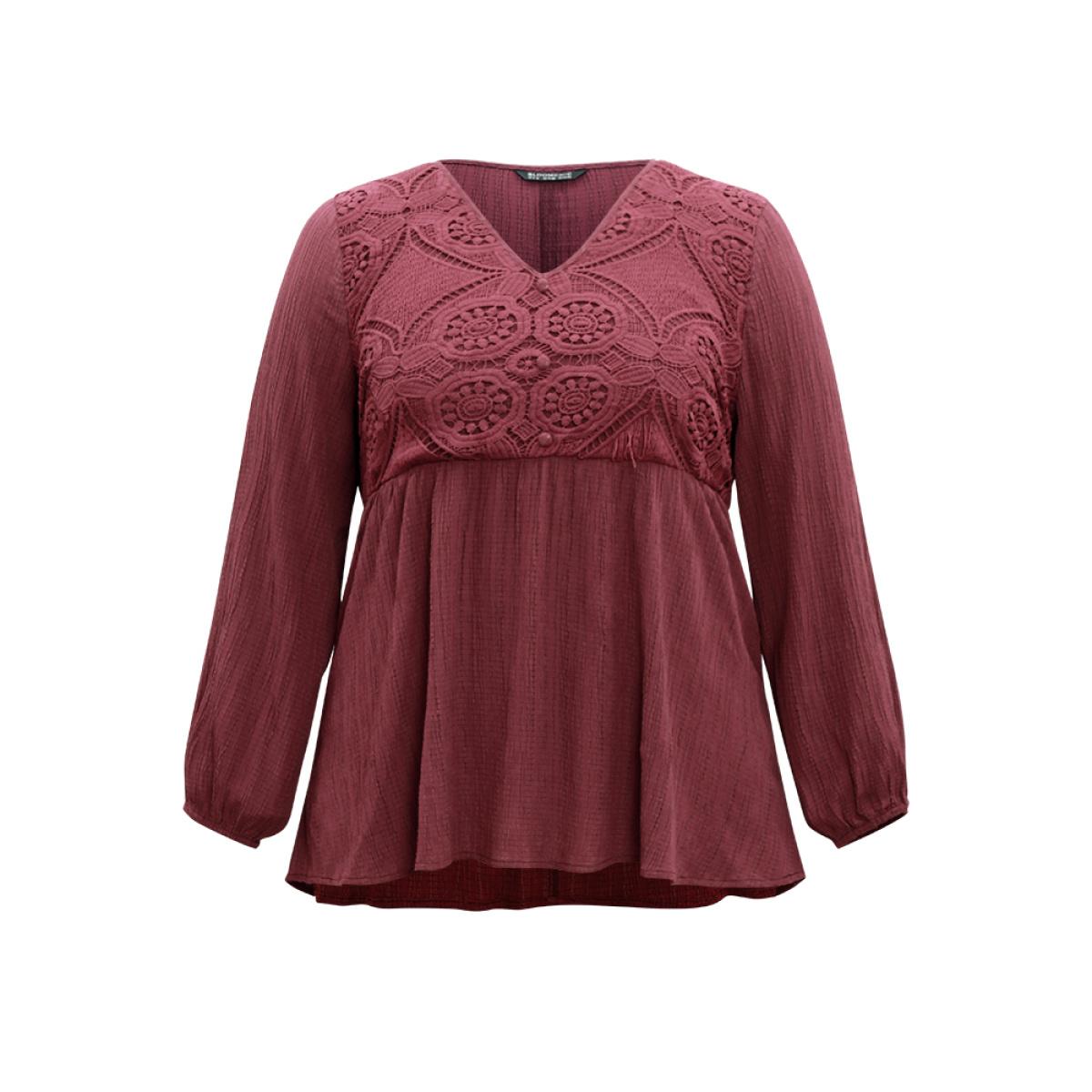 Plus Size Burgundy Solid Crochet Lace Button Detail Blouse Women Elegant Long Sleeve V-neck Dailywear Blouses BloomChic 12/L Product Image