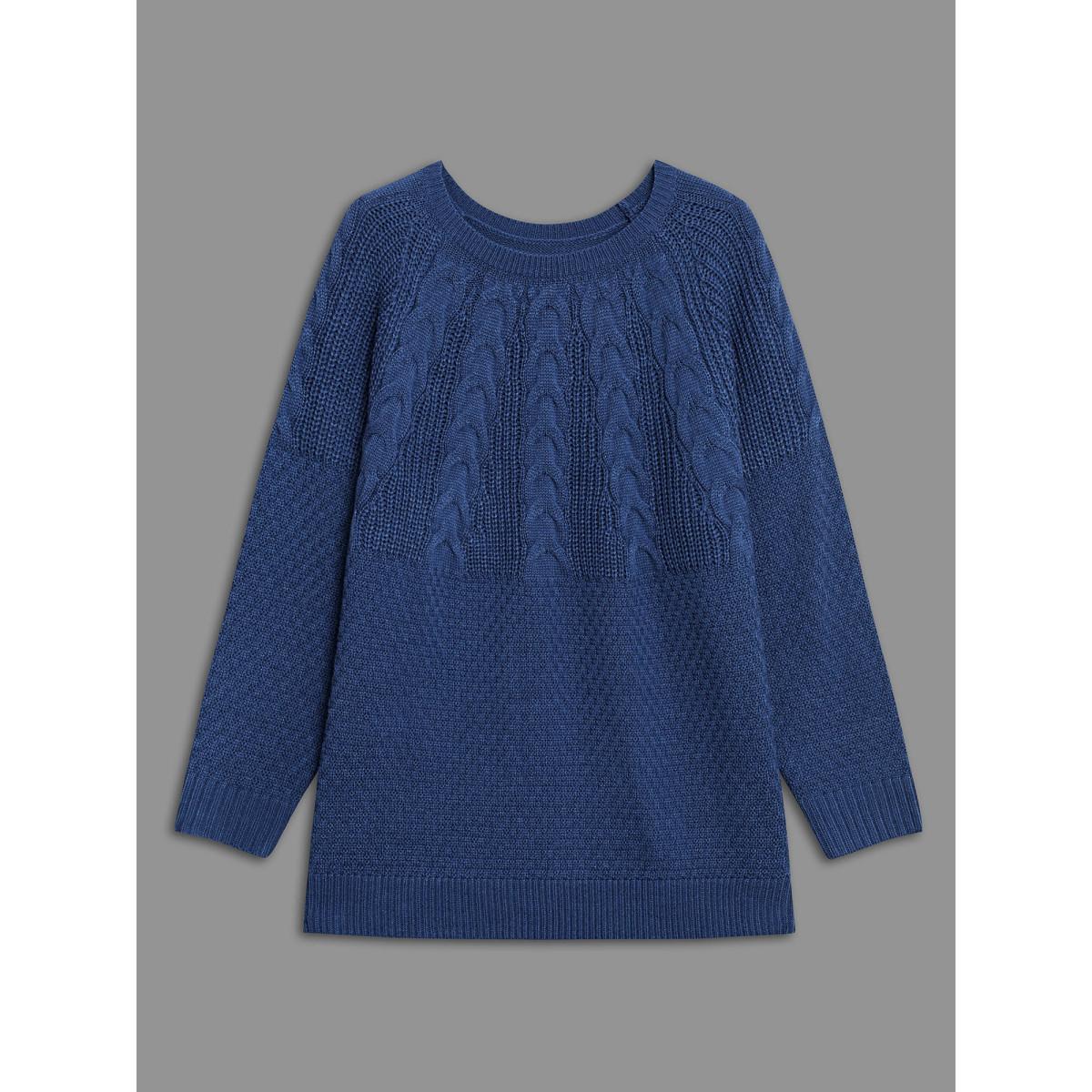 Plus Size Cable Knit Raglan Sleeve Round Neck Pullover Cerulean Women Casual Loose Long Sleeve Round Neck Everyday Pullovers BloomChic 26/4X Product Image
