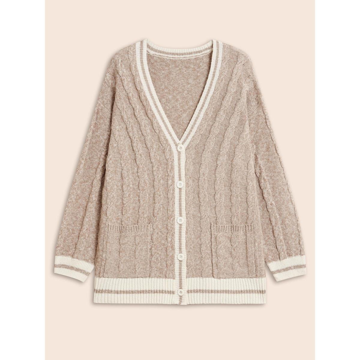 Plus Size Contrast Trim Cable Knit Pocket Cardigan Champagne Women Casual Loose Long Sleeve Everyday Cardigans BloomChic 10/M Product Image