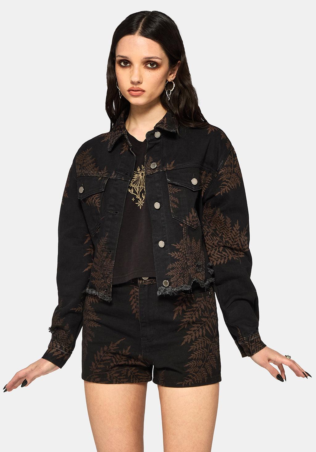 Ruin Fern Printed Distressed Denim Jacket Product Image