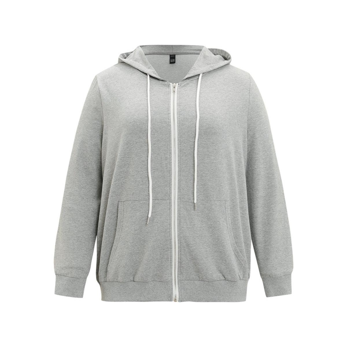 Plus Size Hooded Zipper Fly Ties Pocket Sweatshirt Women Gray Casual Elastic cuffs Hooded Dailywear Sweatshirts BloomChic 26/4X Product Image