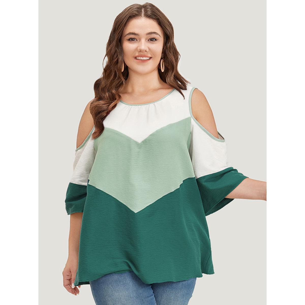 Plus Size Mint Color Block Contrast Trim Cold Shoulder Blouse Women Vacation Elbow-length sleeve Cold Shoulder Dailywear Blouses BloomChic 22-24/3X Product Image