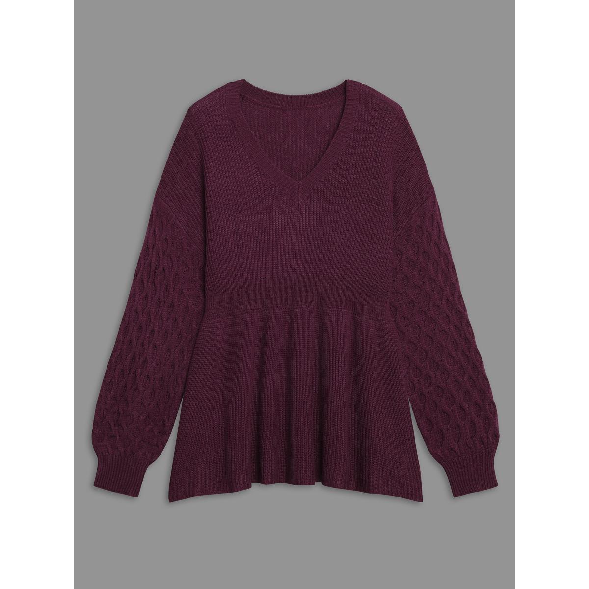 Plus Size Plain Ribbed Knit Waist Cinched Pullover Burgundy Women Timeless Bodycon Long Sleeve V-neck Elegant Pullovers BloomChic 26/4X Product Image