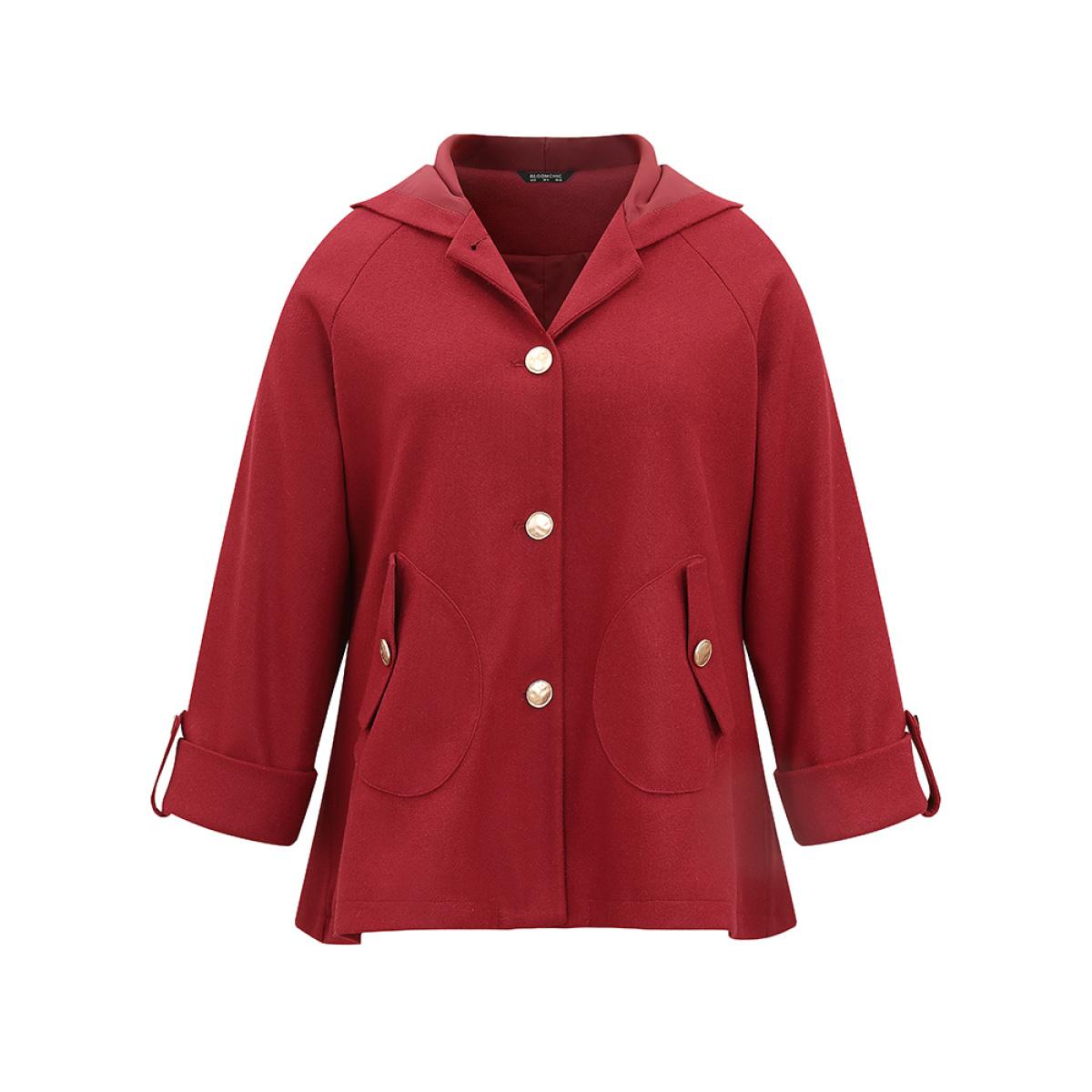 Plus Size Plain Pocket Tab Sleeve Button Detail Woven Coat Women Scarlet Casual Lined Ladies Dailywear Winter Coats BloomChic 26/4X Product Image