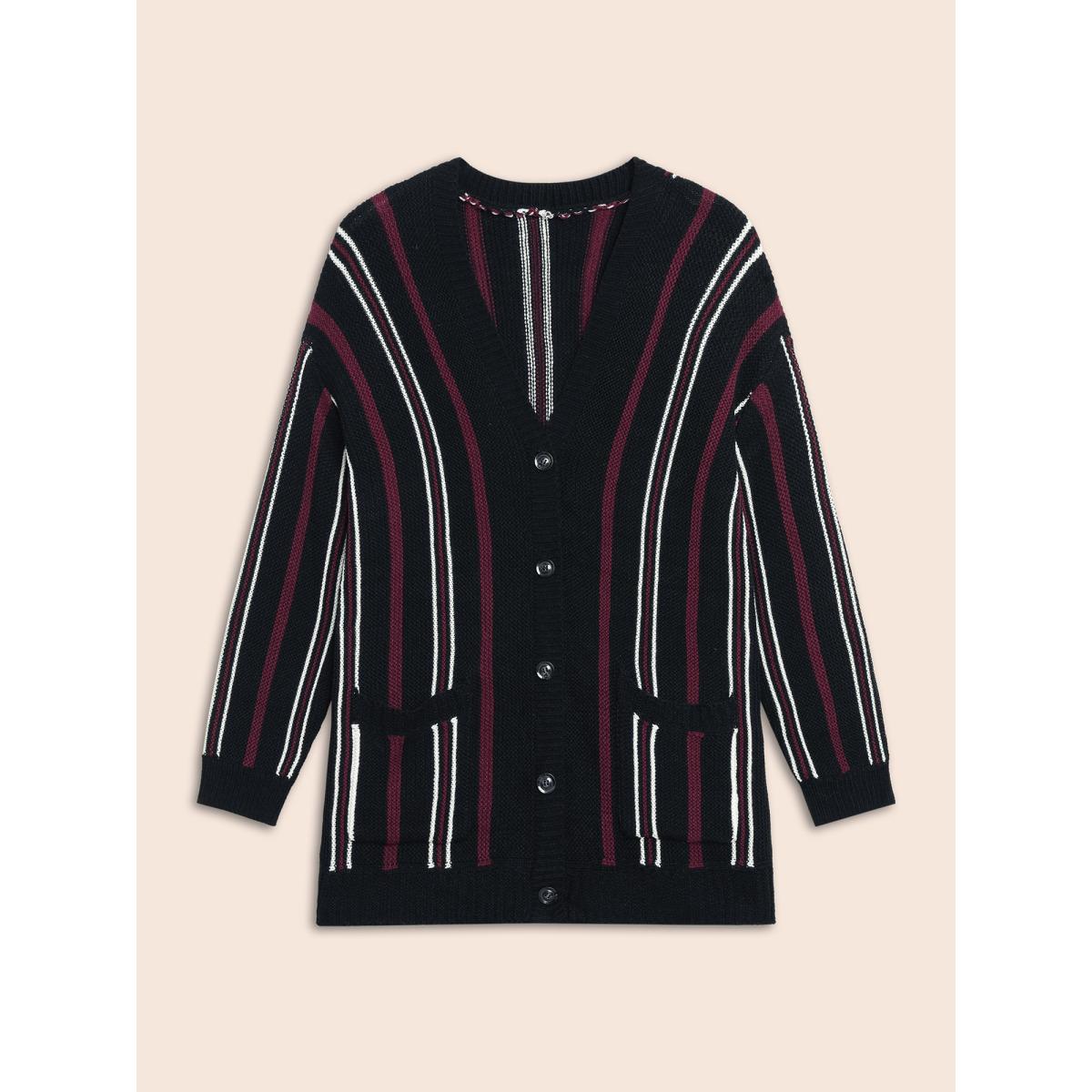 Plus Size Striped Patched Pocket Drop Shoulder Cardigan Black Women Casual Long Sleeve Everyday Cardigans BloomChic 30/6X Product Image