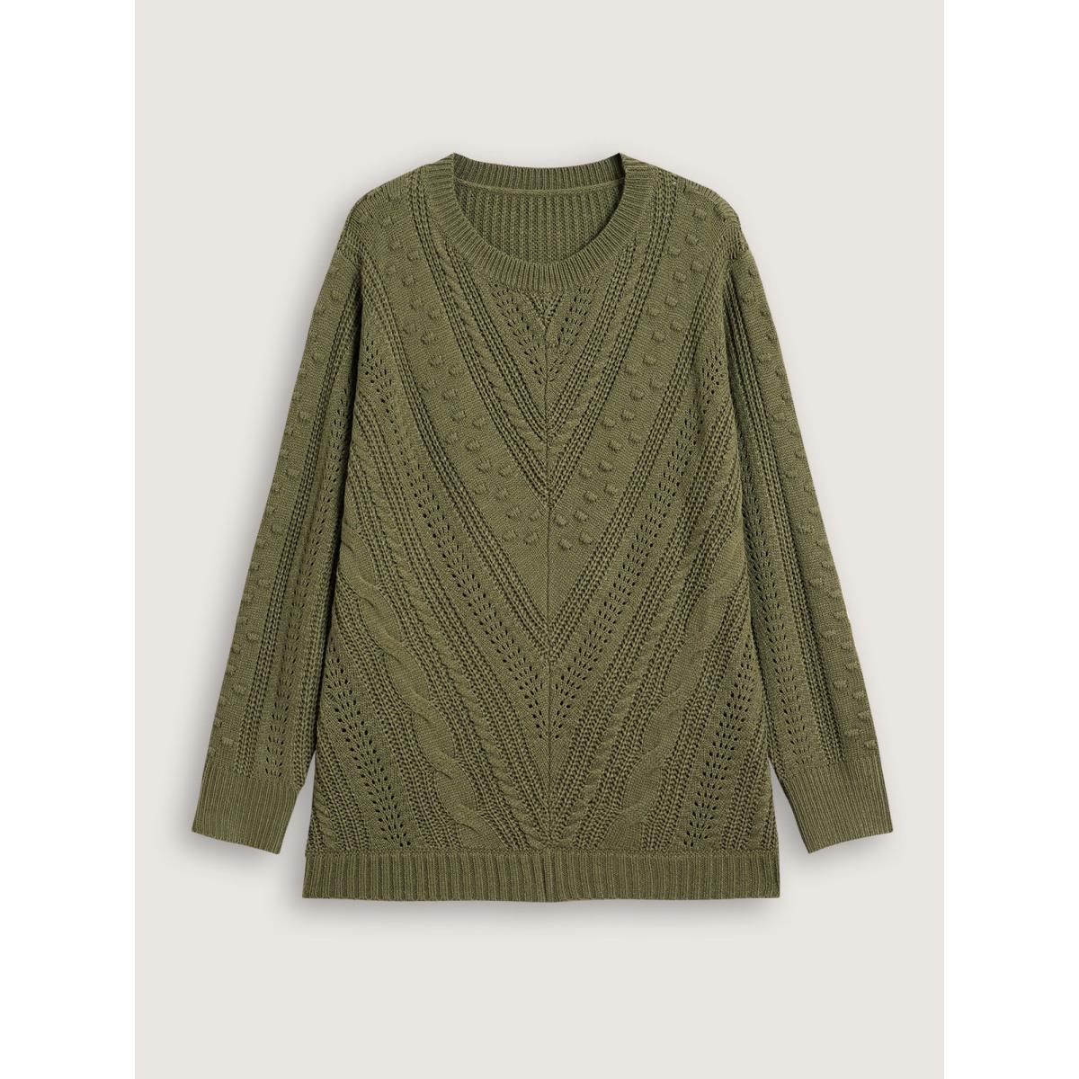 Plus Size Solid Round Neck Cable Knit Pullover ArmyGreen Women Leisure Long Sleeve Round Neck Casual Pullovers BloomChic 26/4X Product Image