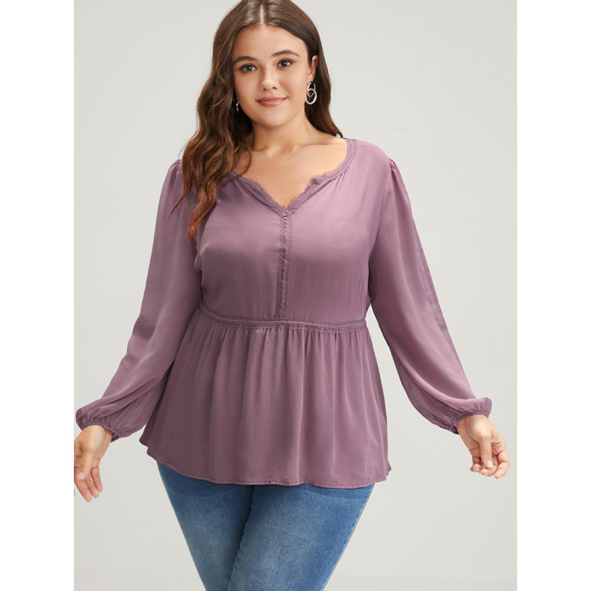 Plus Size DustyPink Solid Crochet Lace Lantern Sleeve Flutter Blouse Women Elegant Long Sleeve Notched collar Dailywear Blouses BloomChic 26/4X Product Image