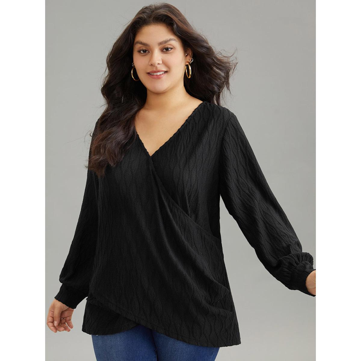 Plus Size Black Solid Jacquard Overlap Collar Crossover Blouse Women Casual Long Sleeve Overlap Collar Dailywear Blouses BloomChic 18-20/2X Product Image