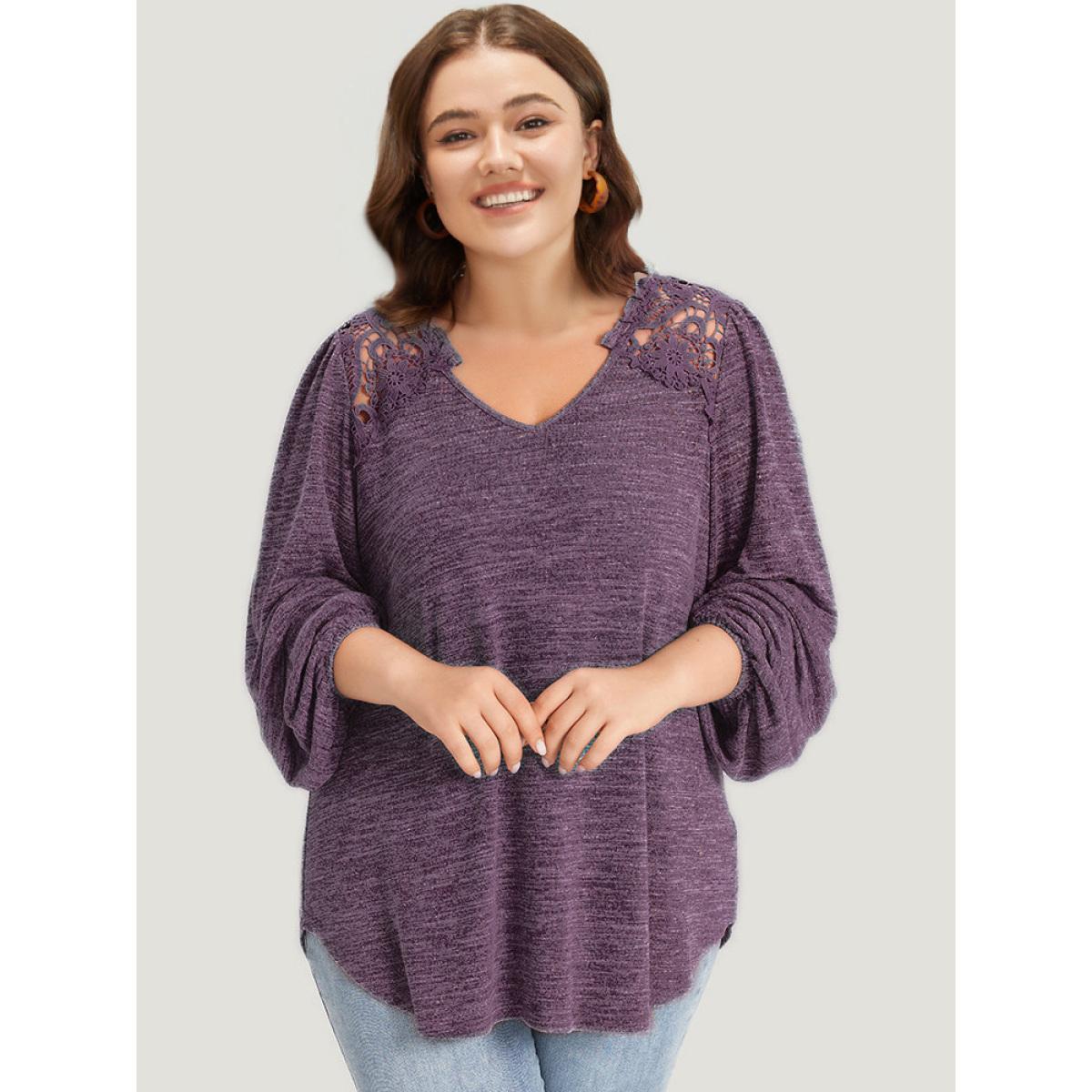 Plus Size Lace Insert Curved Hem Lantern Sleeve Sweatshirt Women Purple Elegant Elastic cuffs V-neck Dailywear Sweatshirts BloomChic 22-24/3X Product Image
