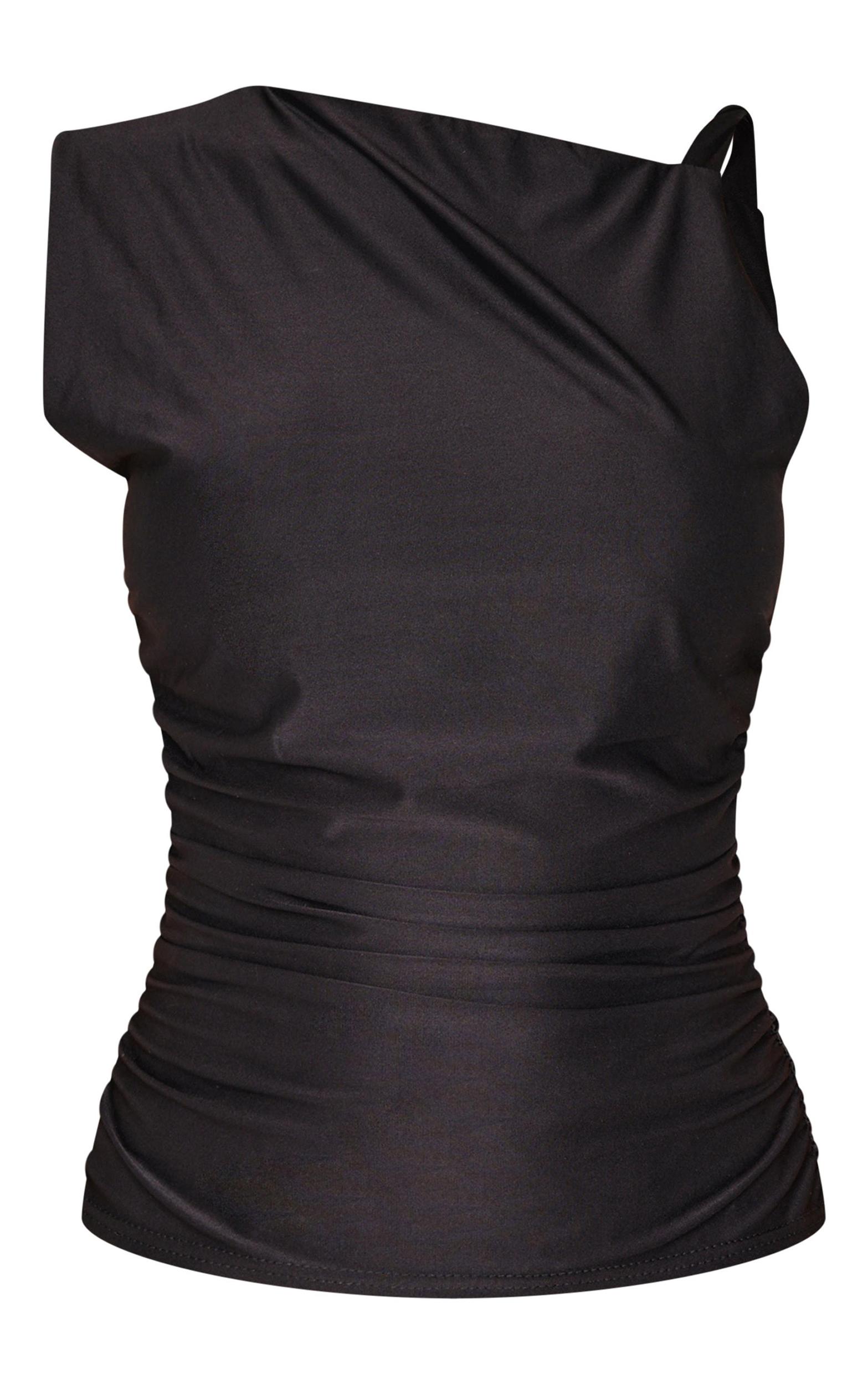 Black Slinky Ruched Twist Strap Detail Long Top Product Image