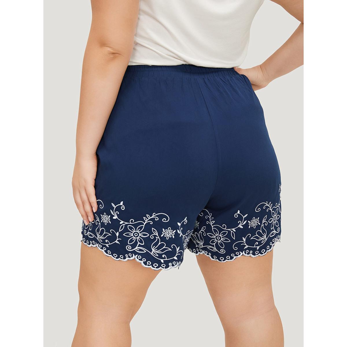 Plus Size Floral Embroidered Pocket Knotted Lettuce Trim Shorts Women Indigo Vacation Knotted Dailywear Shorts BloomChic 18-20/2X Product Image