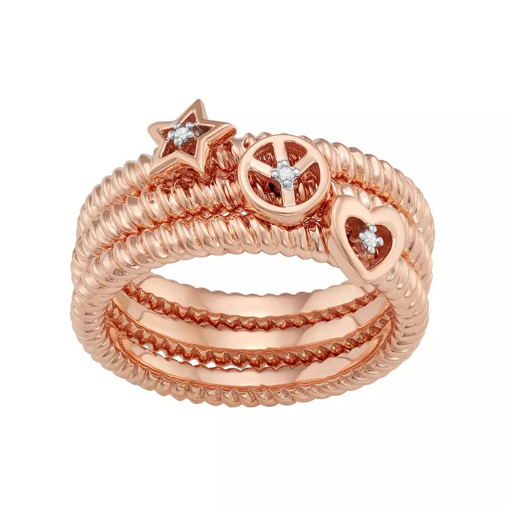 Jewelexcess Sterling Silver Diamond Accent Heart, Star & Peace Sign Stack Ring Set, Women's, Size: 8, Rose Gold Tone Product Image